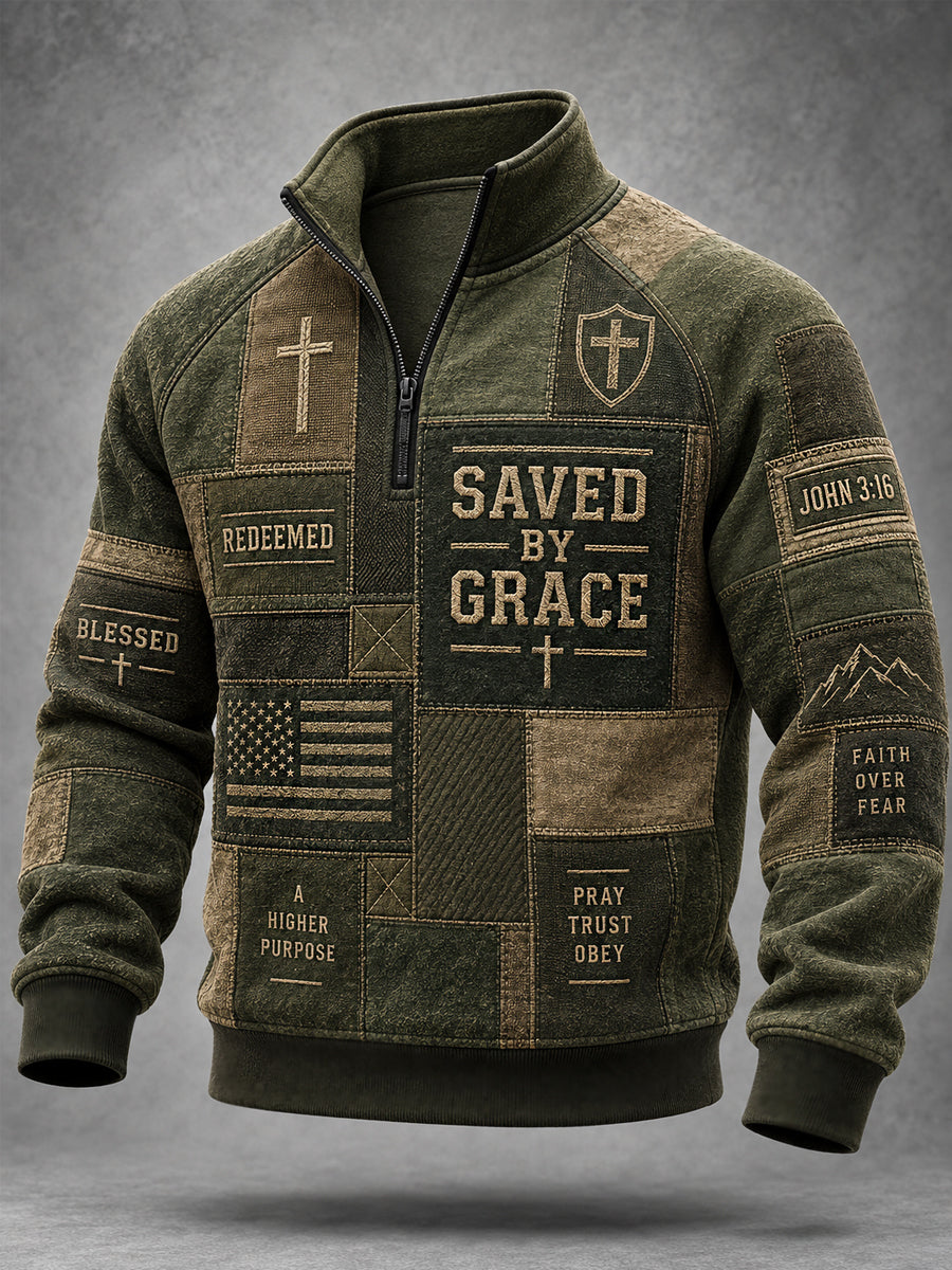 Men's Saved By Grace Christian Cross Faith Patchwork Print Casual Zipper Pullover