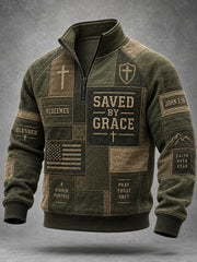 Men's Saved By Grace Christian Cross Faith Patchwork Print Casual Zipper Pullover