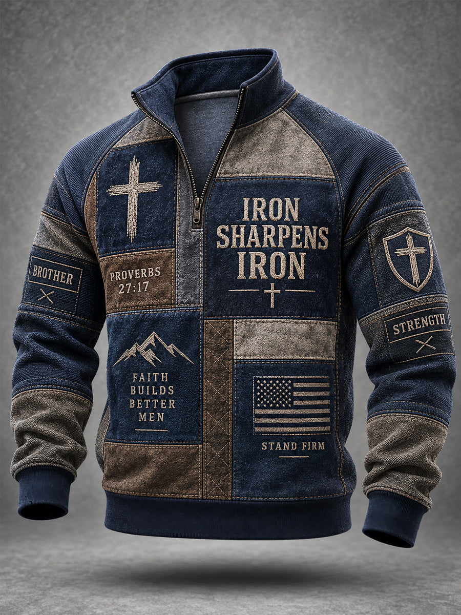 Men's Iron Sharpens Iron Christian Cross Faith Patchwork Print Casual Zipper Pullover