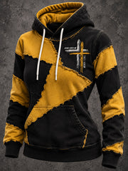 Women's Retro Color Block Patchwork Jesus Loves Me Cross Print Hoodie