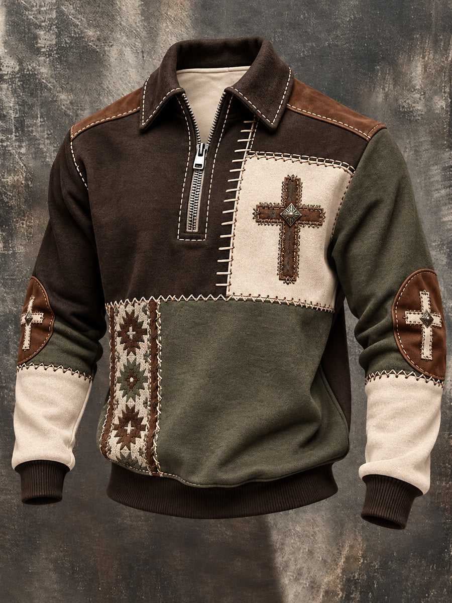 Men's Retro Color Block Patchwork Faith Cross Print Zipper Sweatshirt