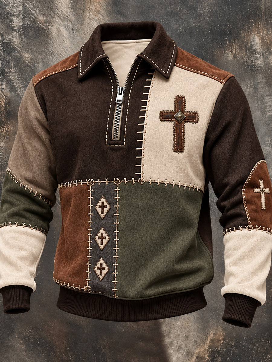 Men's Retro Color Block Patchwork Faith Cross Print Zipper Sweatshirt