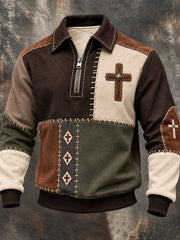 Men's Retro Color Block Patchwork Faith Cross Print Zipper Sweatshirt