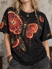 Women's Gothic Halloween Blood Orange Death Moth Pattern Casual Short Sleeve T-shirt