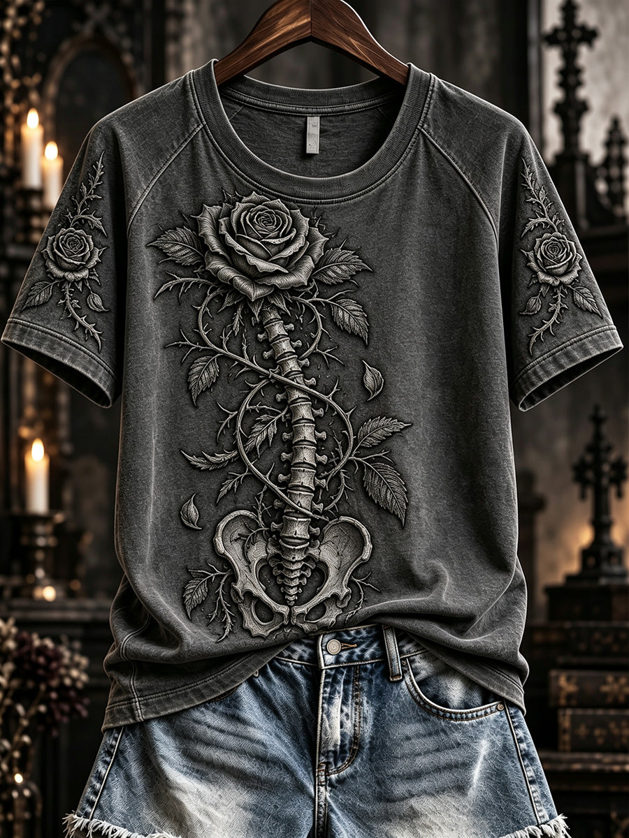 Women's Vintage Gothic Skeleton Rose Print Round Neck Short Sleeve T-shirt