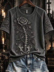 Women's Vintage Gothic Skeleton Rose Print Round Neck Short Sleeve T-shirt
