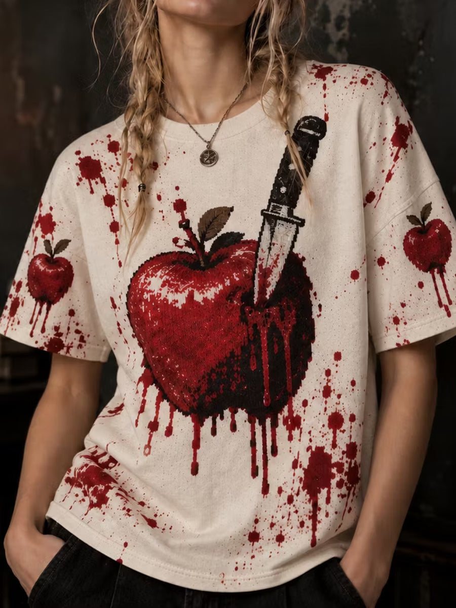 Women's Gothic Halloween Bloody Apple Dagger Pattern Casual Short Sleeve T-shirt