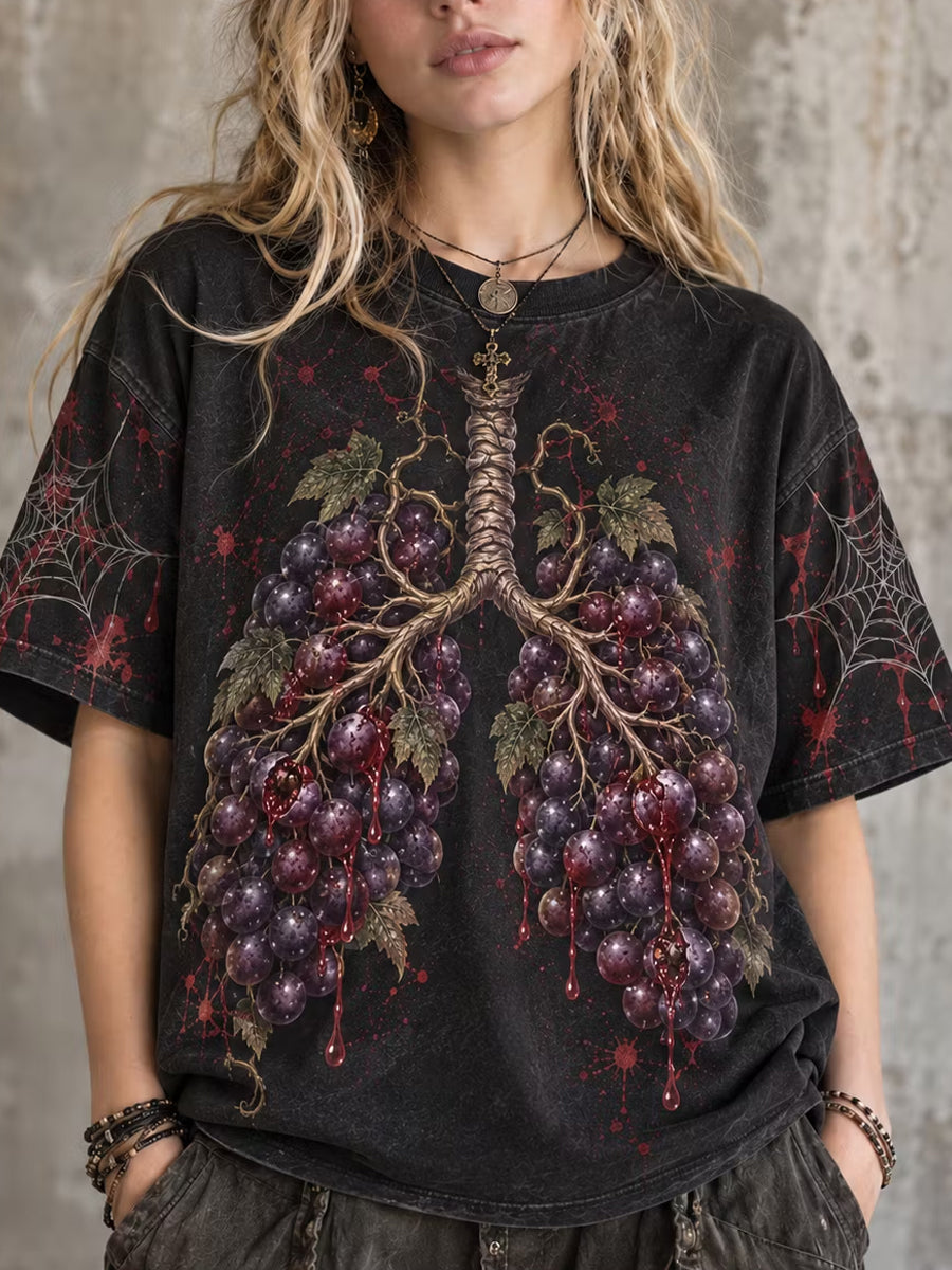 Women's Gothic Halloween Grape Skull Pattern Casual Short Sleeve T-shirt