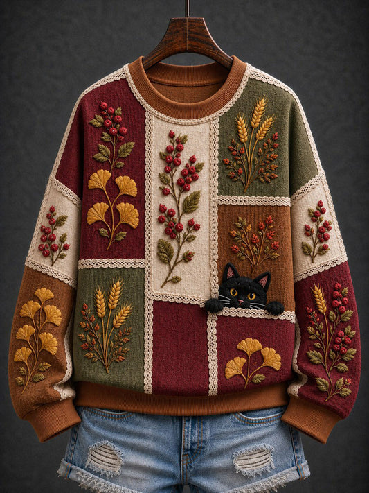 Women's Autumn Black Cat Regular Sweatshirt