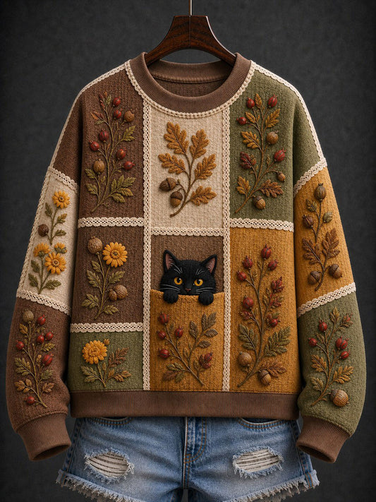 Women's Autumn Black Cat Regular Sweatshirt