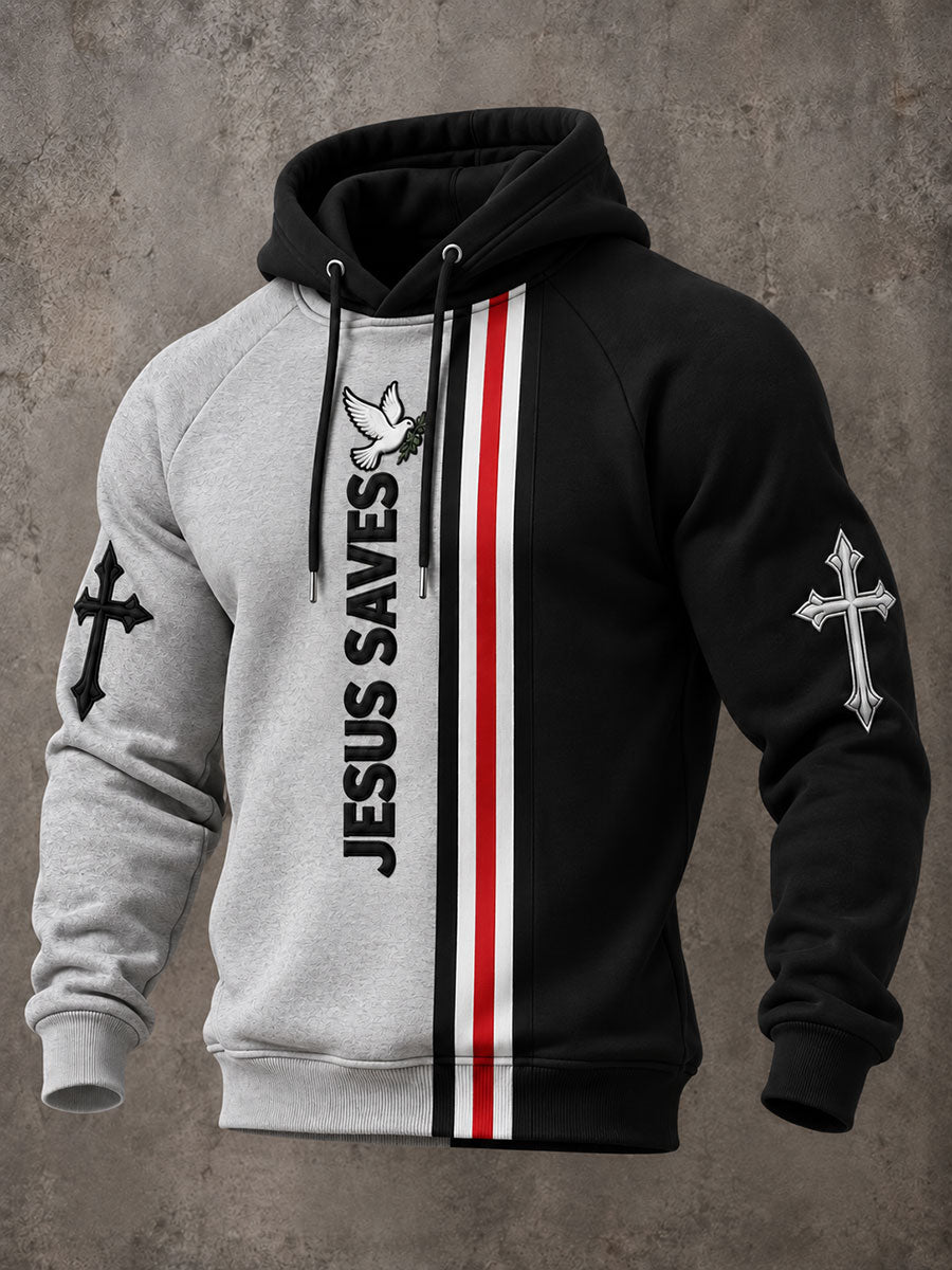 Men's "Jesus Saves" Print Casual Velvet Raglan Hoodie