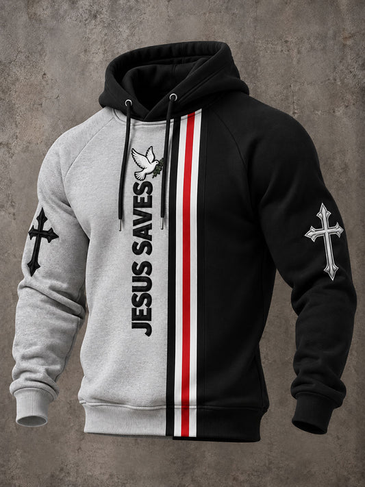 Men's "Jesus Saves" Print Casual Velvet Raglan Hoodie
