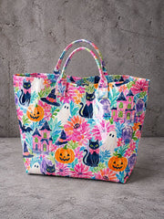 Women's Halloween Black Cat, Ghost, and Pumpkin Handbag