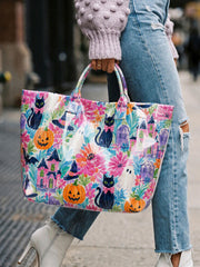 Women's Halloween Black Cat, Ghost, and Pumpkin Handbag