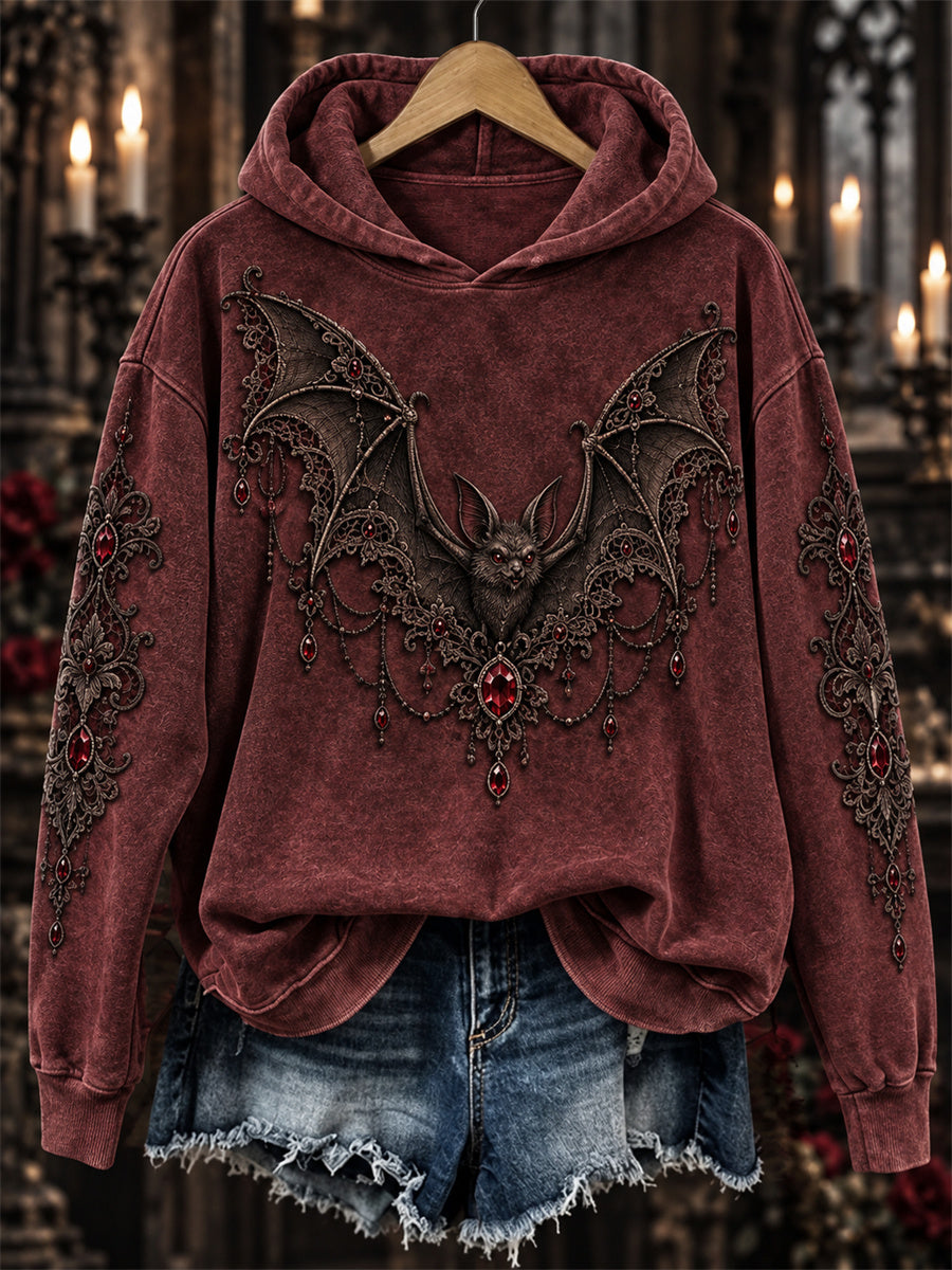 Women's Halloween Gothic Lace Bat Art Print Cozy Hoodie