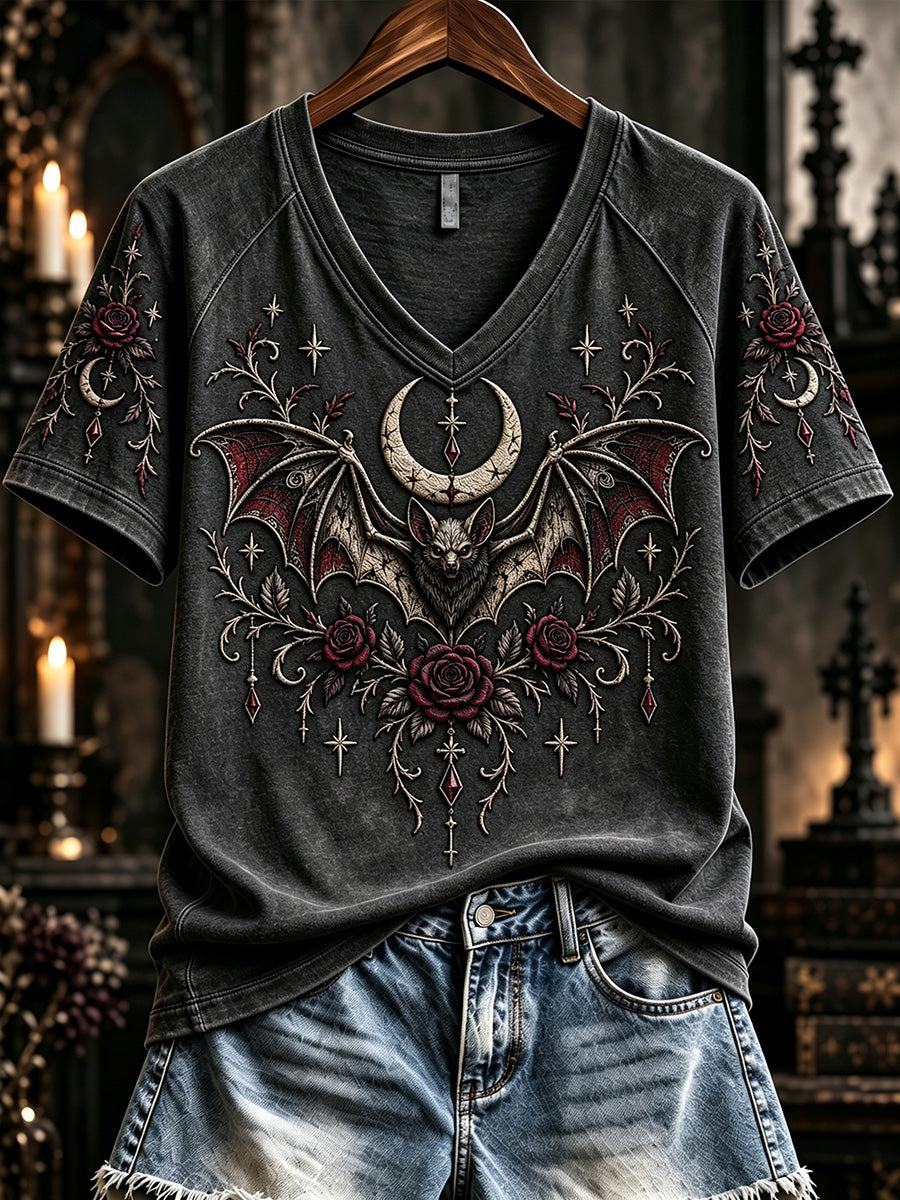 Women's Vintage Gothic Bat Print V-neck Short-sleeved T-shirt