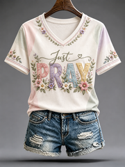 Women's Faith-themed and floral print short-sleeved T-shirt