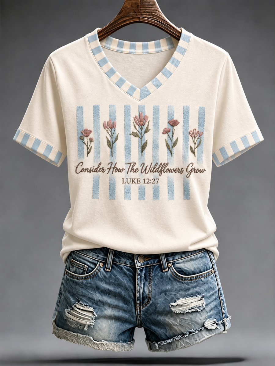 Women's Faith-themed scripture and floral print short-sleeved T-shirt