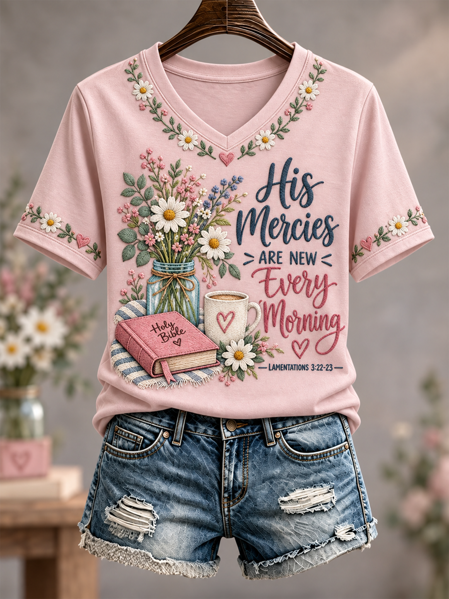 Women's Faith-themed scripture and floral print short-sleeved T-shirt