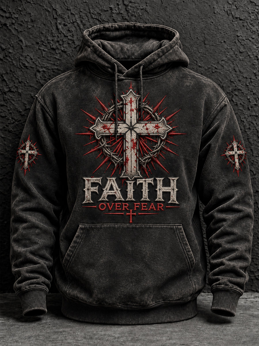 Men's Christian Faith Over Fear Oversized Drop-Shoulder Hoodie with Pockets
