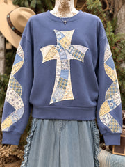 Women's Floral Cross Faith Patchwork Print Casual Sweatshirt