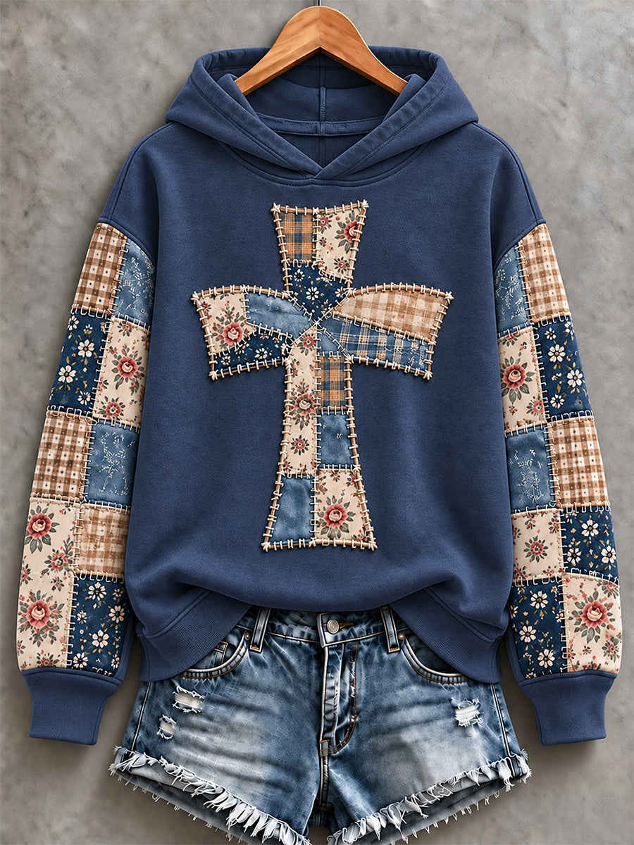 Women's Floral Cross Faith Patchwork Print Casual Sweatshirt