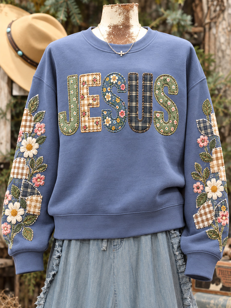 Women's Floral Jesus Patchwork Print Casual Sweatshirt
