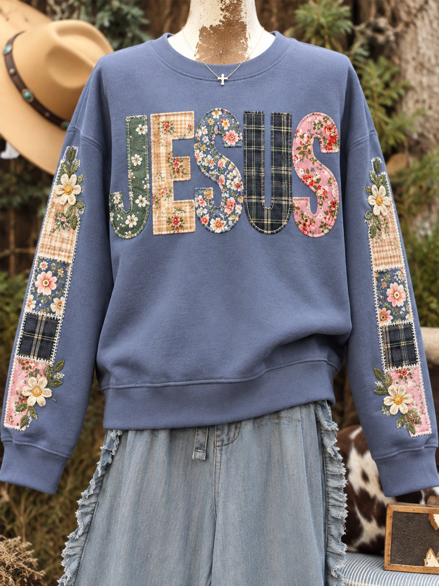Women's Floral Jesus Patchwork Print Casual Sweatshirt