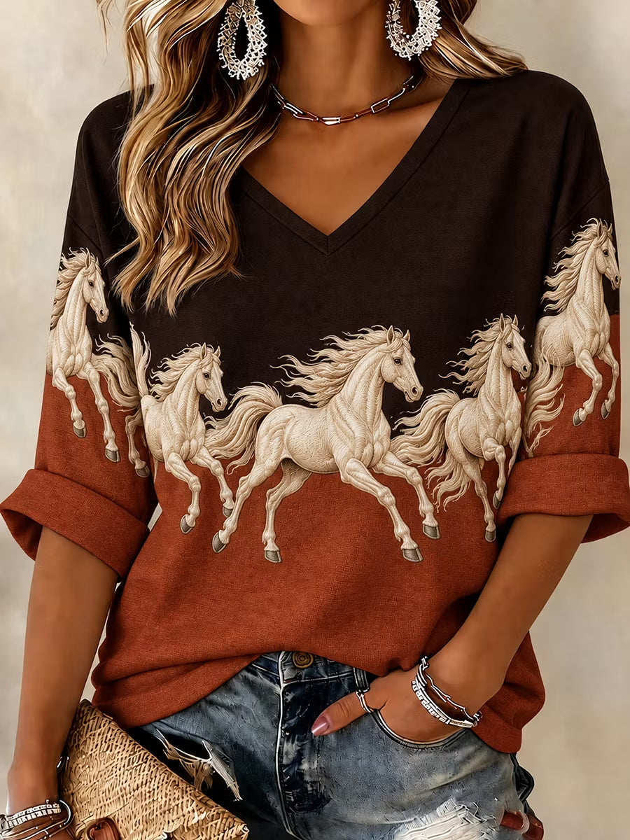 Women's Vintage Horse Art Print Mid-length Sleeves V-Neck T-Shirt