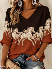Women's Vintage Horse Art Print Mid-length Sleeves V-Neck T-Shirt