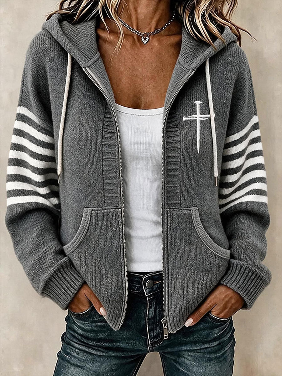 Women's Christian Art Cross Pattern Cozy Knit Hooded Cardigan