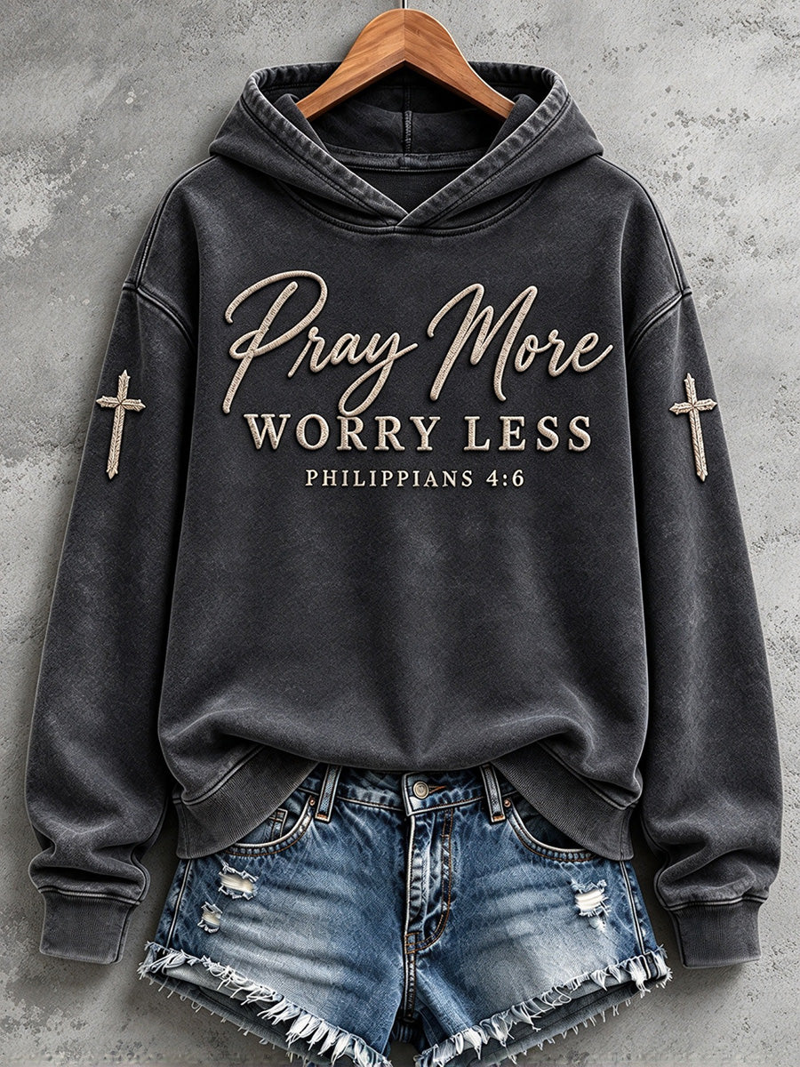 Women's Vintage Pray More Worry Less Cross Print Cozy Hoodie