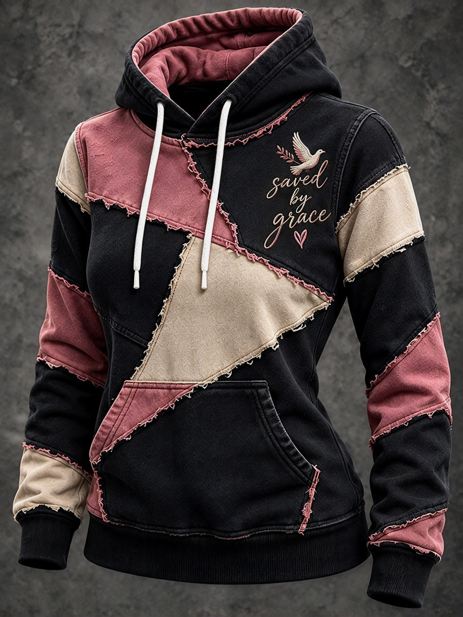 Women's Retro Color Block Patchwork Saved By Grace Cross Print Hoodie