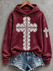 Women's Vintage Lace Cross Print Cozy Hoodie