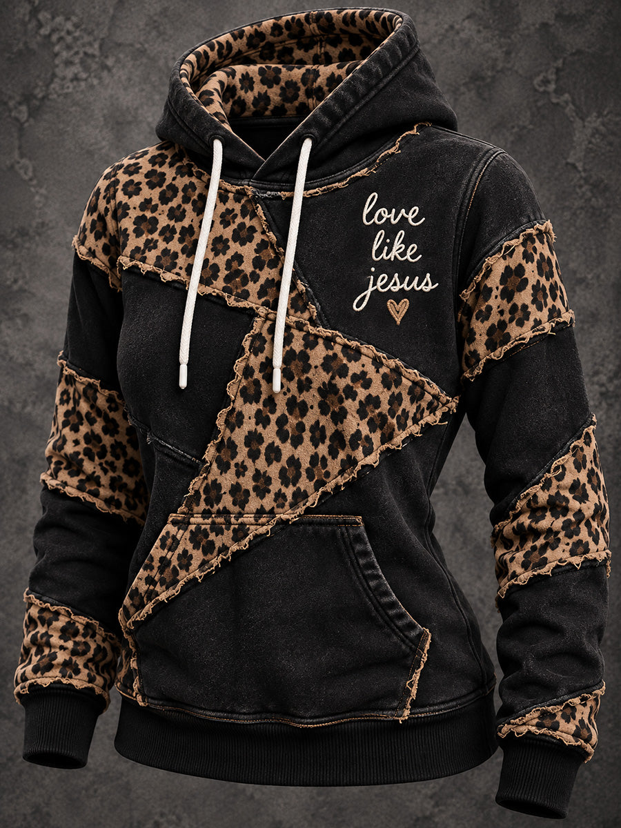 Women's Retro Love Like Jesus Leopard Patchwork Print Cozy Hoodie