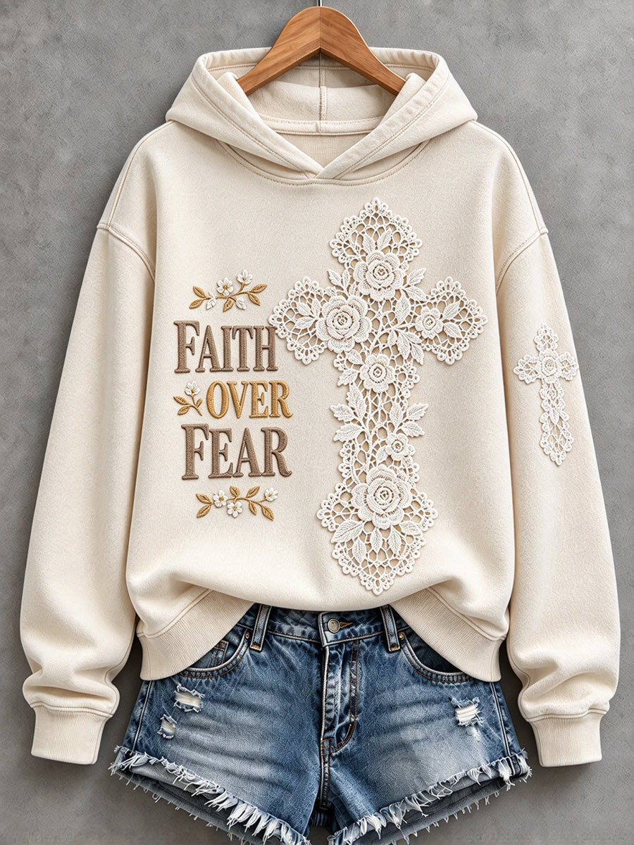 Women's Vintage Faith Over Fear Lace Cross Print Hoodie