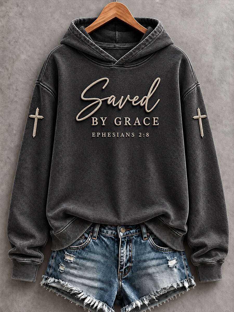 Women's Vintage Saved By Grace Cross Print Hoodie