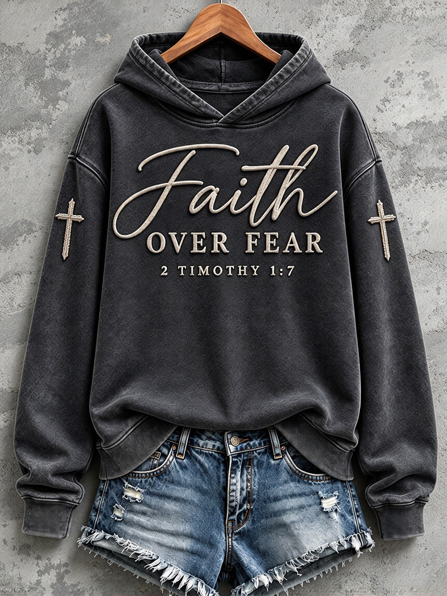 Women's Vintage Faith Over Fear Cross Print Cozy Hoodie