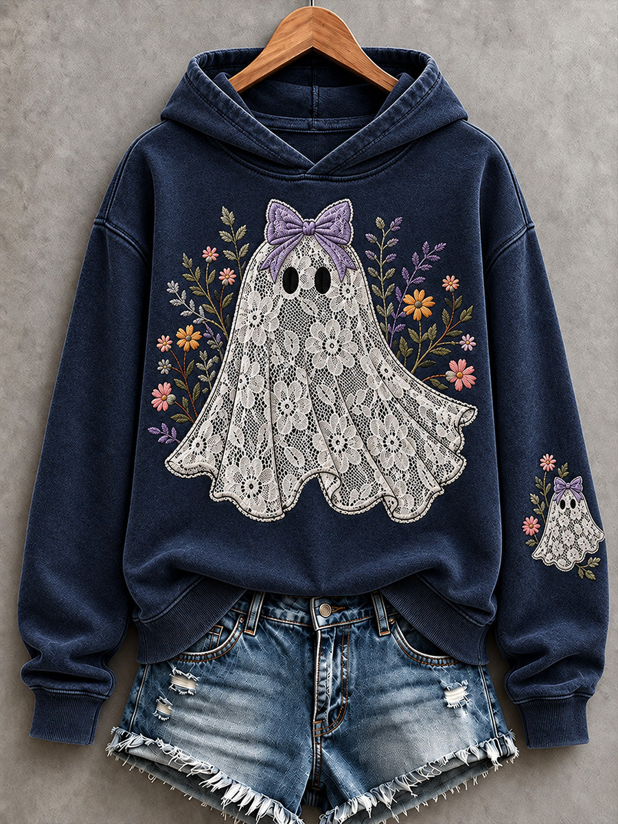 Women's Vintage Floral Lace Ghost Print Cozy Hoodie