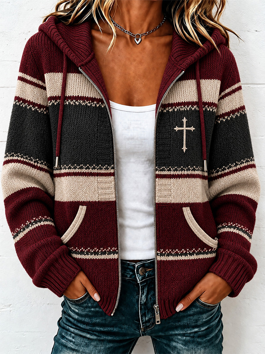 Women's Christian Art Cross Pattern Cozy Knit Hooded Cardigan