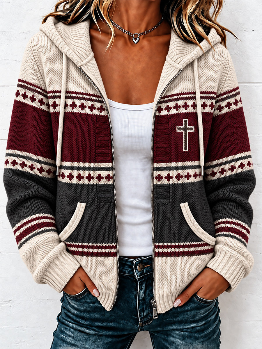 Women's Christian Art Cross Pattern Cozy Knit Hooded Cardigan
