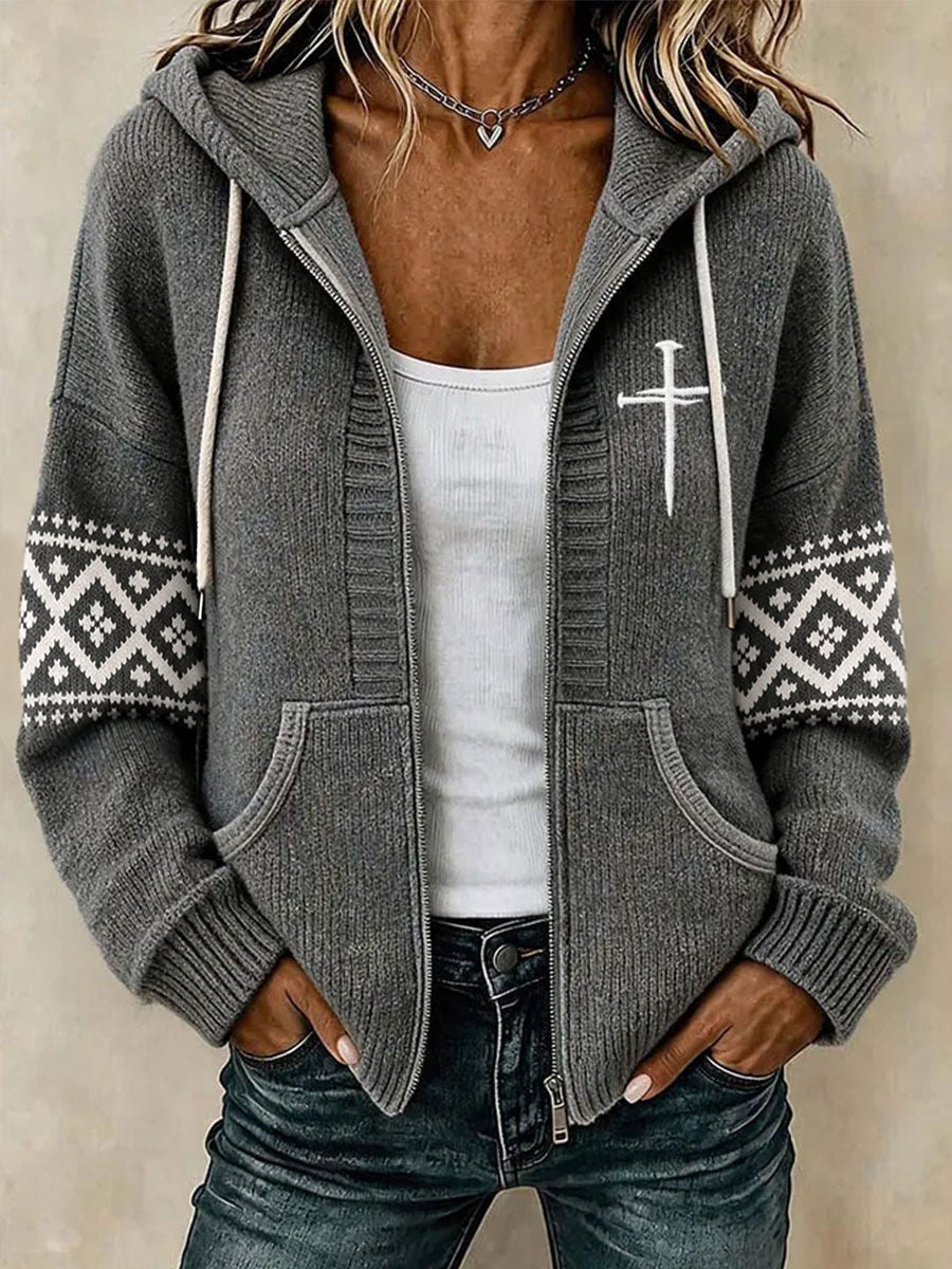Women's Christian Art Cross Pattern Cozy Knit Hooded Cardigan