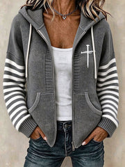 Women's Christian Art Cross Pattern Cozy Knit Hooded Cardigan