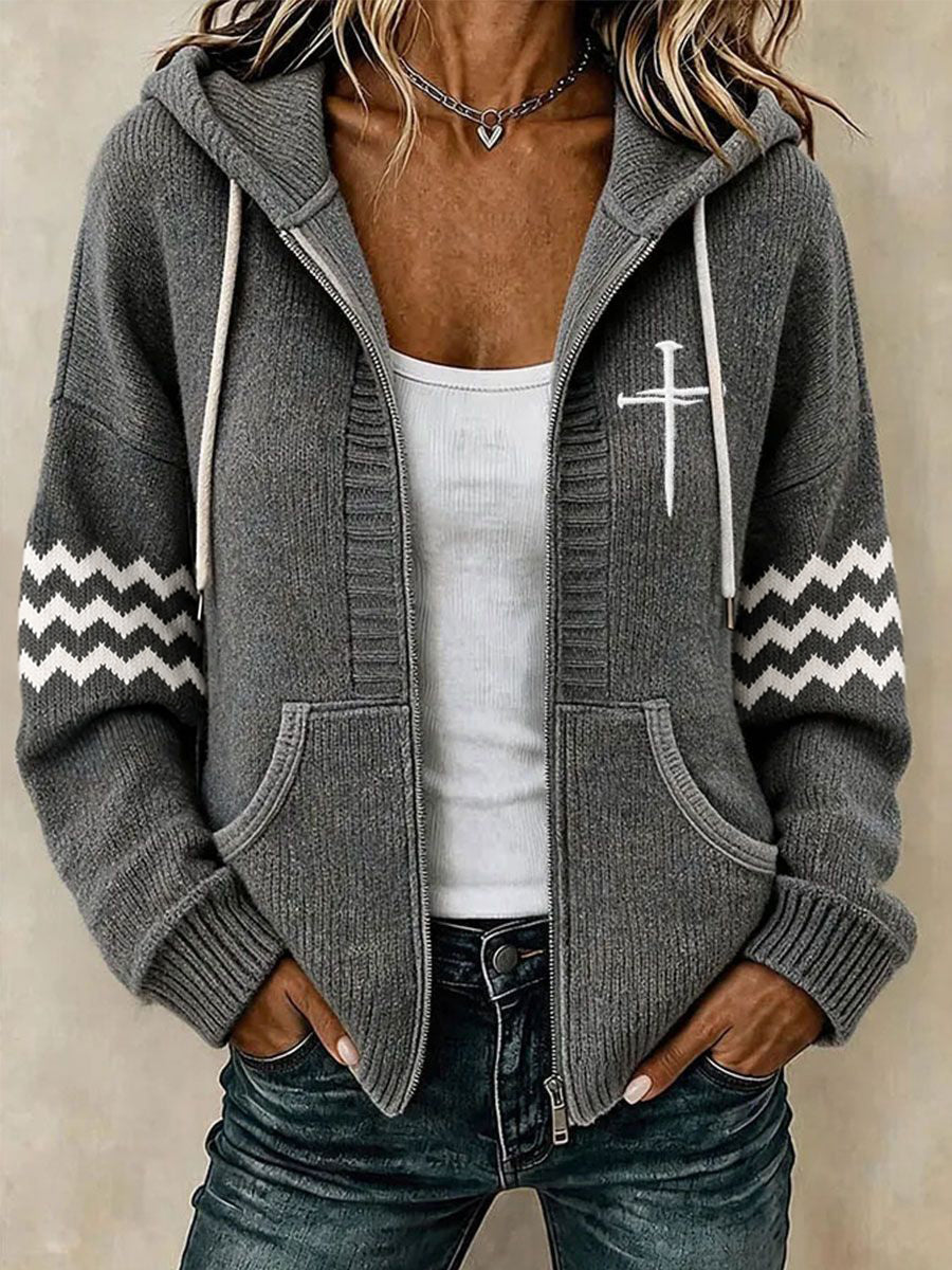 Women's Christian Art Cross Pattern Cozy Knit Hooded Cardigan