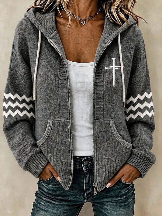 Women's Christian Art Cross Pattern Cozy Knit Hooded Cardigan