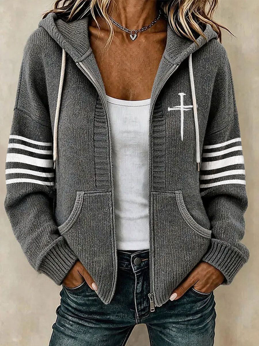 Women's Christian Art Cross Pattern Cozy Knit Hooded Cardigan
