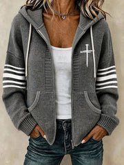 Women's Christian Art Cross Pattern Cozy Knit Hooded Cardigan