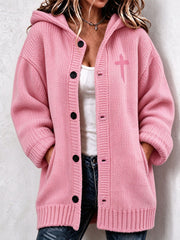 Women's Christian Art Cross Pattern Cozy Knit Hooded Cardigan
