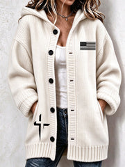 Women's Christian Art Cross Pattern Cozy Knit Hooded Cardigan