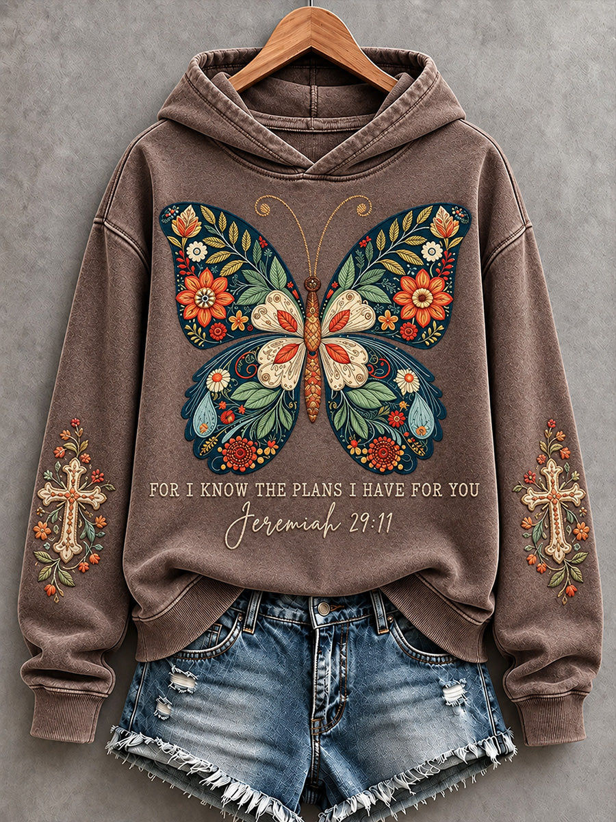Women's Retro For I Know The Plans I Have For You Butterfly Print Cozy Hoodie